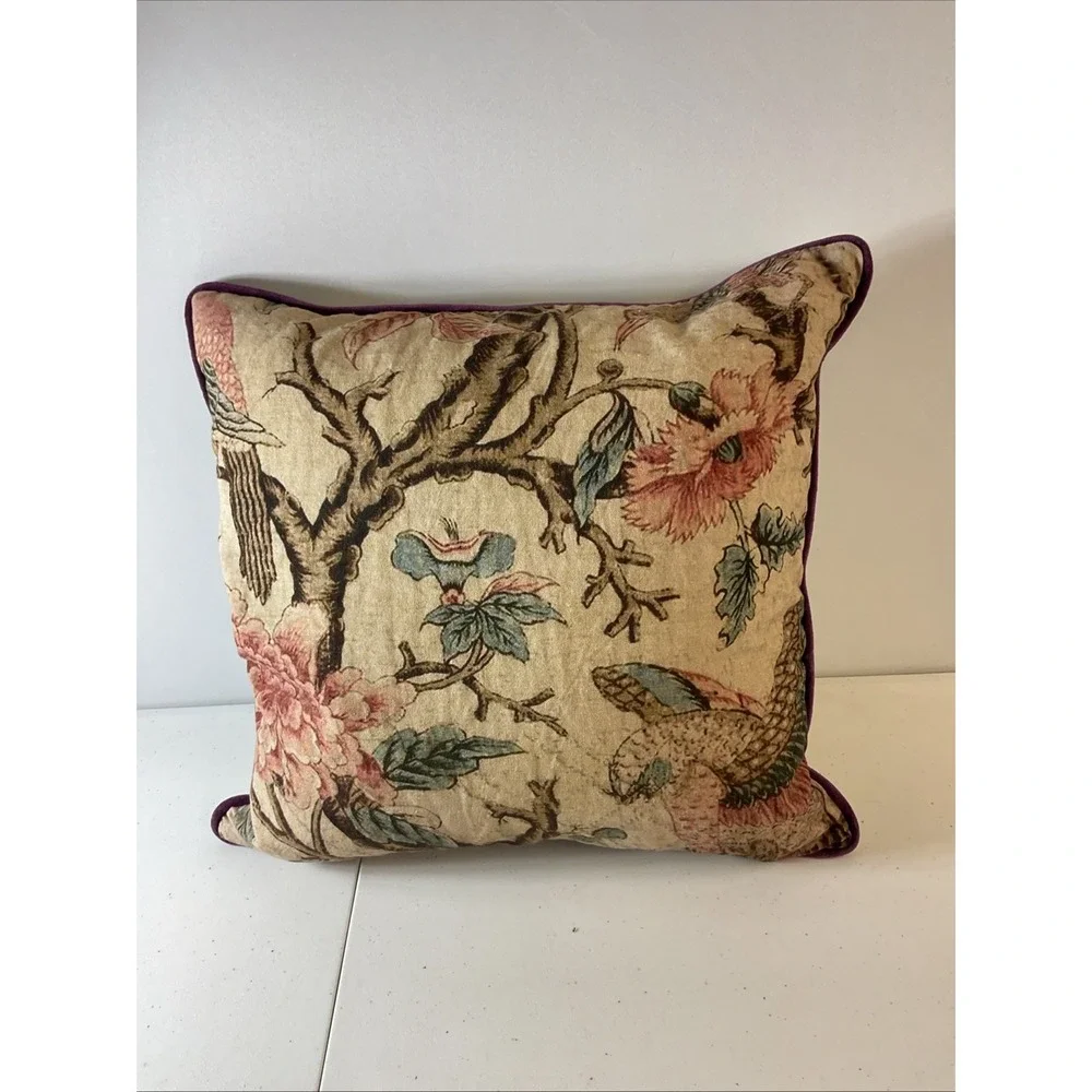Pottery Barn Floral Thibaut reversible Birds Linen accent Pillow Cover 20x20